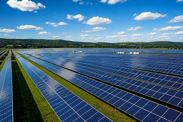 Usina solar com fileiras de painéis fotovoltaicos