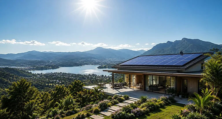 Casa moderna com vista panorâmica para montanhas e lago, painéis solares instalados