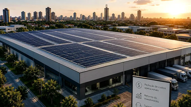 Técnico avaliando projeto fotovoltaico empresarial em telhado comercial