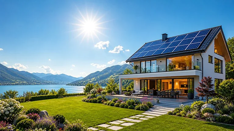 Casa com jardim amplo e vista para o lago, painéis solares no telhado